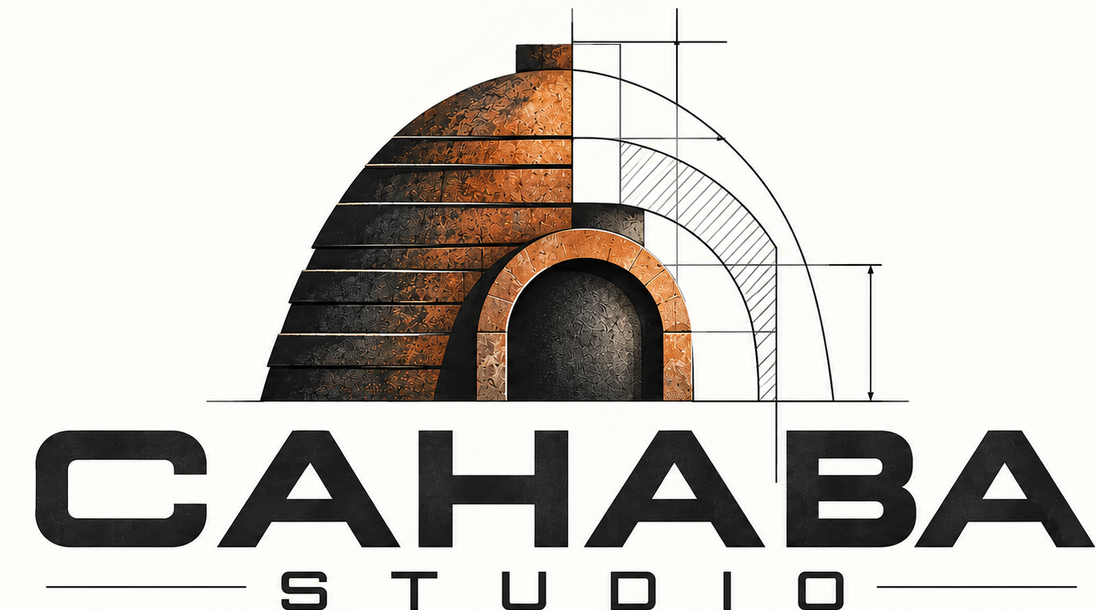 Cahaba Studio logo: a beehive coke oven, half brick and half drawing